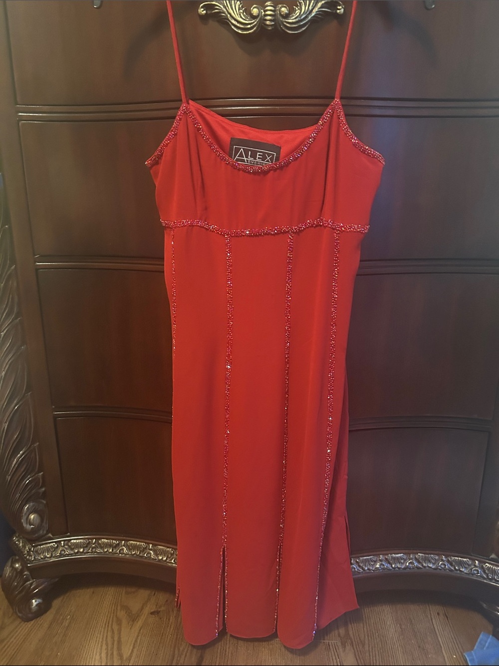 Alex Evenings Red Beaded Strap Spaghetti-Strap Gown